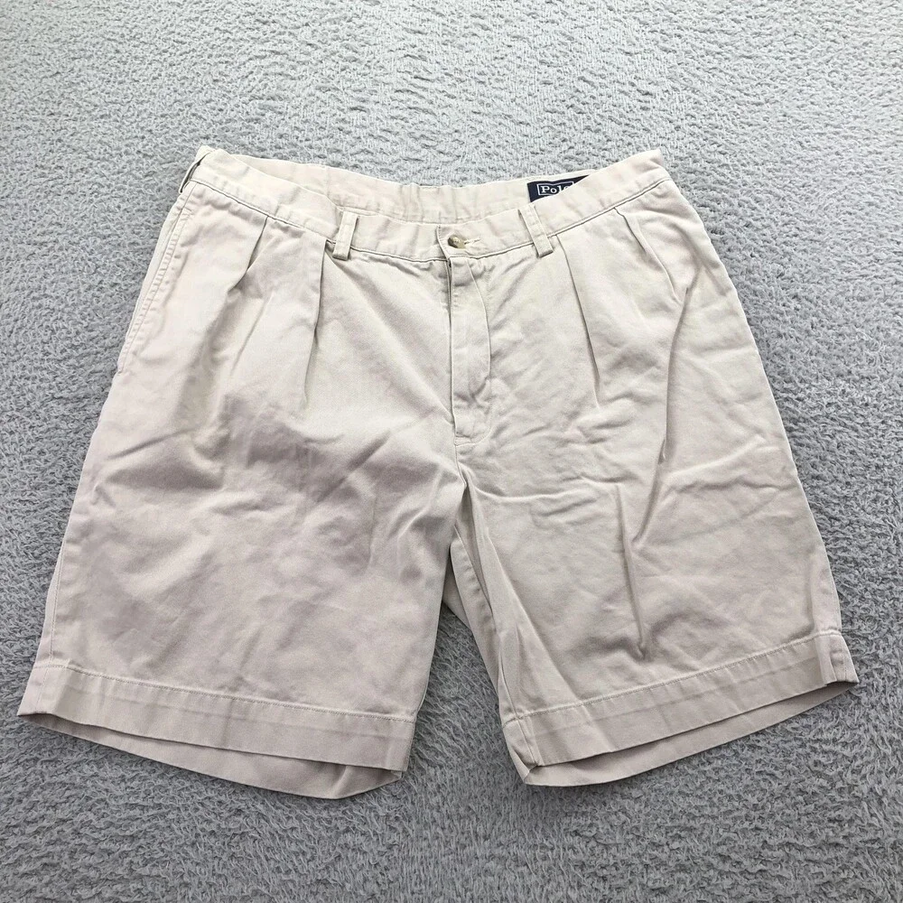 Polo Ralph Lauren Shorts Mens 34 Beige Chino Pleated 9 Inseam Classic Fit Summer
